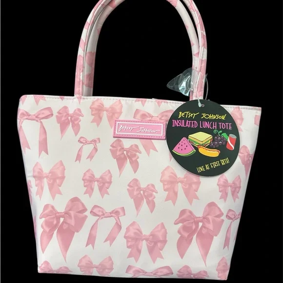 Betsey Johnson Pink and White Insulated Lunch Tote with Bow Pattern - Picture 2 of 9